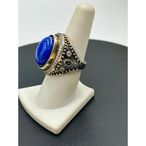 JAS Turkey Sterling Silver Lapis Lazuli, CZ, Blue Sapphire Two Tone Ring Sz 8 - Picture 4 of 13